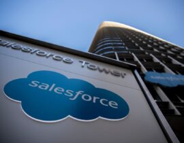 SAN FRANCISCO, CA - DECEMBER 01: The Salesforce logo is seen at Salesforce Tower on December 1, 2020 in San Francisco, California. The cloud-based enterprise software company announced on Tuesday that it will purchase the popular workplace-chat app Slack for $27.7 billion. (Photo by Stephen Lam/Getty Images)
